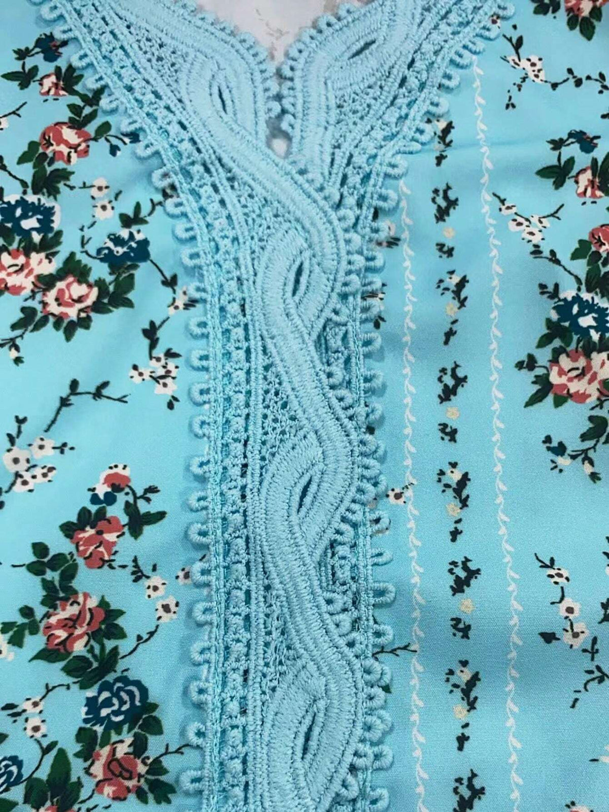 LUNE Women's V-Neck Lace Patchwork Short Sleeve Summer Shirt