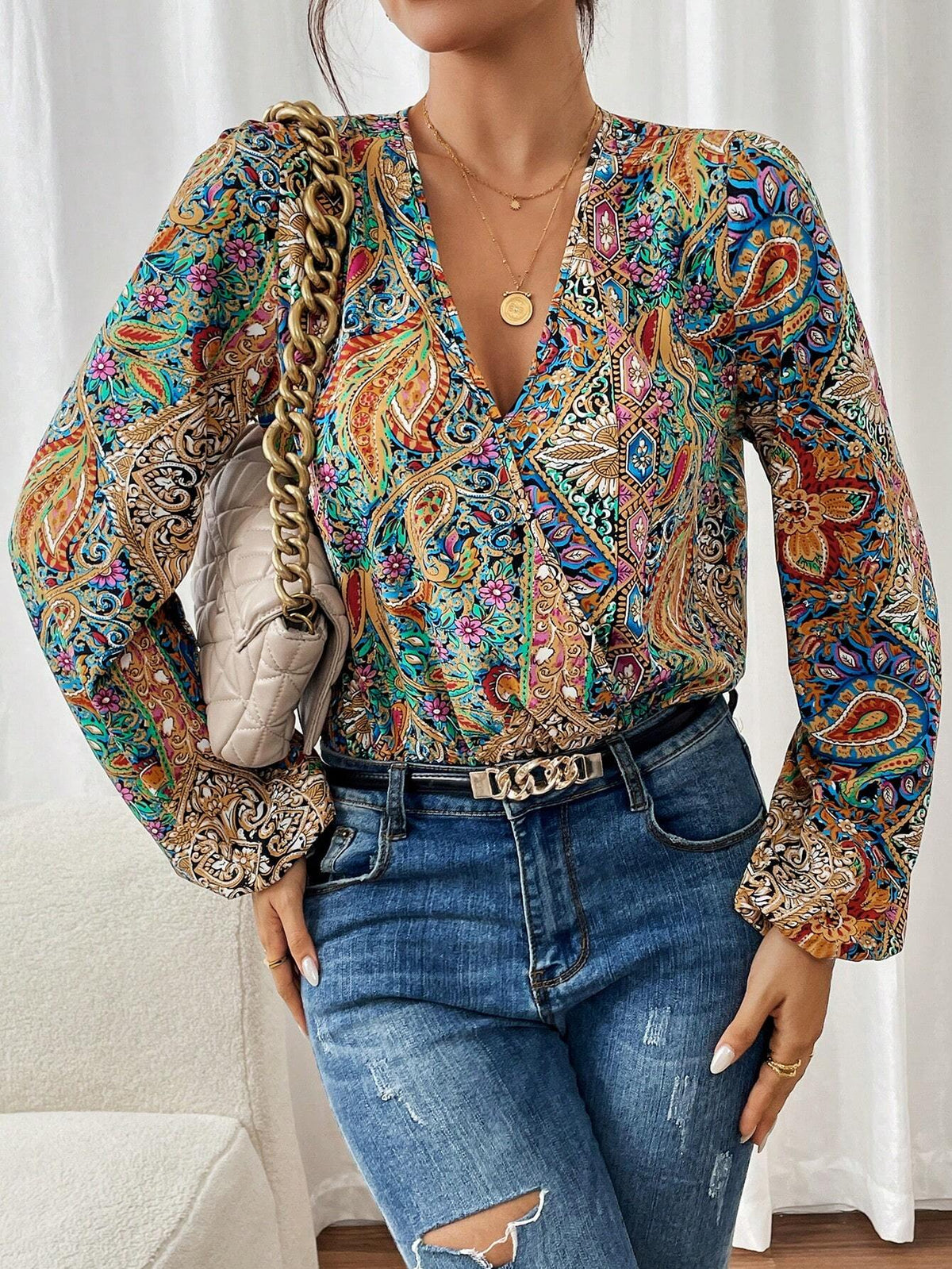 Women's V-Neck Lantern Sleeve Casual Loose Bodysuit With Paisley Print, Vacation