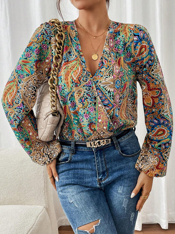 Women's V-Neck Lantern Sleeve Casual Loose Bodysuit With Paisley Print, Vacation