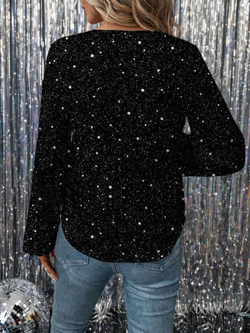 LUNE Women's V-Neck Long Sleeve Casual Shirt With Faux Rhinestone Print