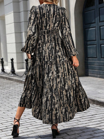 Women''s V-Neck Long Sleeve Split Hem Allover Print Casual Dress
