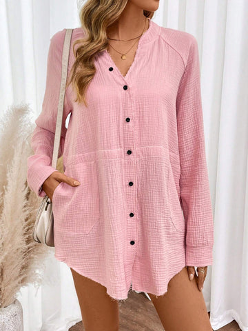 LUNE Women's V-Neck Loose Casual Long Sleeve Blouse, Spring/Summer