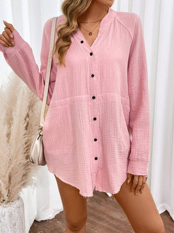 LUNE Women's V-Neck Loose Casual Long Sleeve Blouse, Spring/Summer