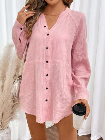 LUNE Women's V-Neck Loose Casual Long Sleeve Blouse, Spring/Summer