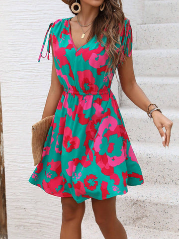 Women's V-Neck Printed Drawstring Vacation Dress, Summer
