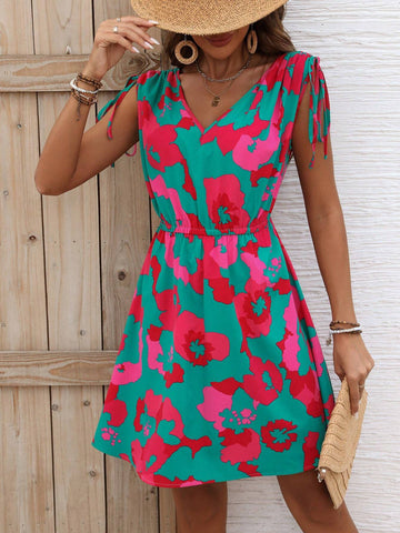 Women's V-Neck Printed Drawstring Vacation Dress, Summer