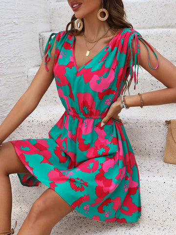 Women's V-Neck Printed Drawstring Vacation Dress, Summer