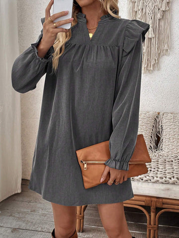 Women's V-Neck Ruffle Trim Long Sleeve Casual Everyday Dress