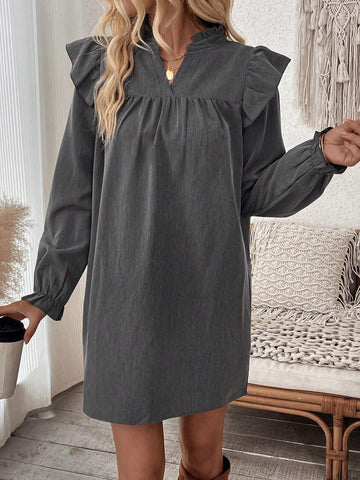 Women's V-Neck Ruffle Trim Long Sleeve Casual Everyday Dress