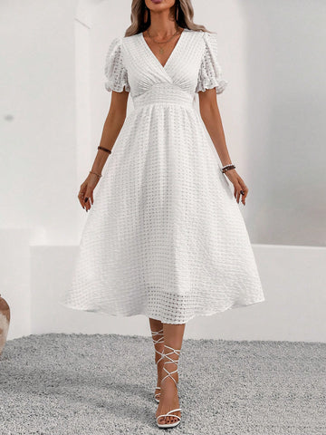 Women's V-Neck Short Puff Sleeve Mini Dress With Gathered Waist