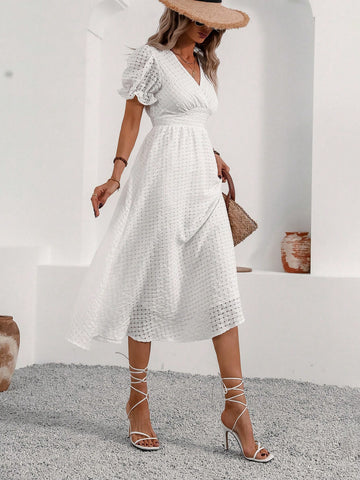Women's V-Neck Short Puff Sleeve Mini Dress With Gathered Waist