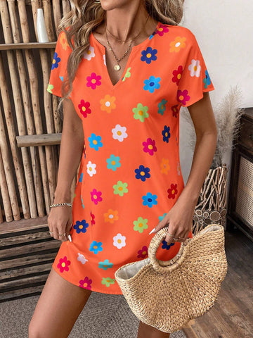 Women's V-Neck Short Sleeve Floral Print Casual Elegant Day Dress