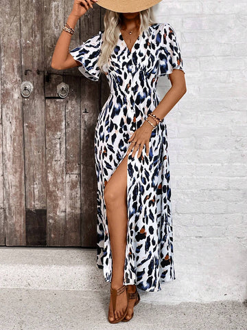 Women's V-Neck Short Sleeve Full Button Allover Print Split Dress With Ruffle Hem