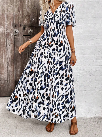 Women's V-Neck Short Sleeve Full Button Allover Print Split Dress With Ruffle Hem