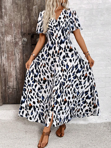 Women's V-Neck Short Sleeve Full Button Allover Print Split Dress With Ruffle Hem