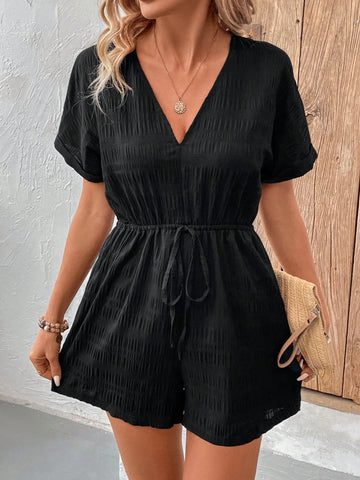 Women's V-Neck Short Sleeve Tie Waist Jumpsuit