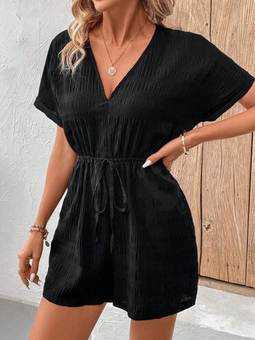 Women's V-Neck Short Sleeve Tie Waist Jumpsuit