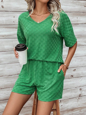 Women's V-Neck Short Sleeve Top And Shorts Set With Slanted Pockets