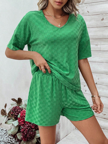 Women's V-Neck Short Sleeve Top And Shorts Set With Slanted Pockets