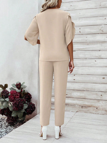 Women's V-Neck Short Sleeves Shirt And Pants Set