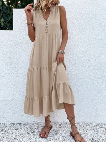 Women's V-Neck Sleeveless Solid Color Simple Maxi Dress