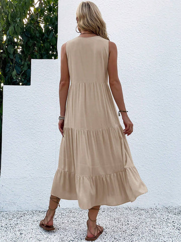 Women's V-Neck Sleeveless Solid Color Simple Maxi Dress