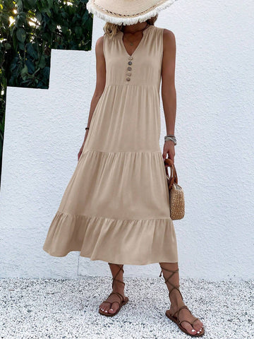 Women's V-Neck Sleeveless Solid Color Simple Maxi Dress