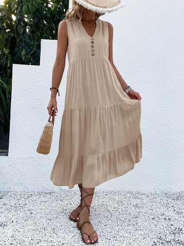 Women's V-Neck Sleeveless Solid Color Simple Maxi Dress