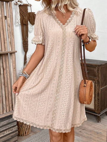 Women's V-Neck Solid Color Puff Sleeve Simple Casual Summer Short Sleeve Dress