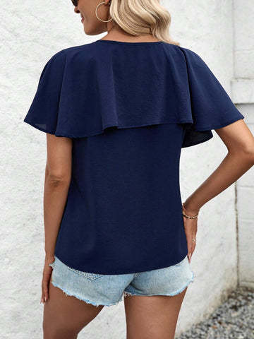 LUNE Women's V-Neck Tie Neck Ruffled Shawl Collar Blouse