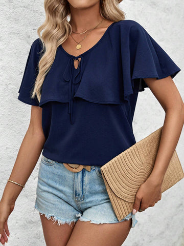 LUNE Women's V-Neck Tie Neck Ruffled Shawl Collar Blouse