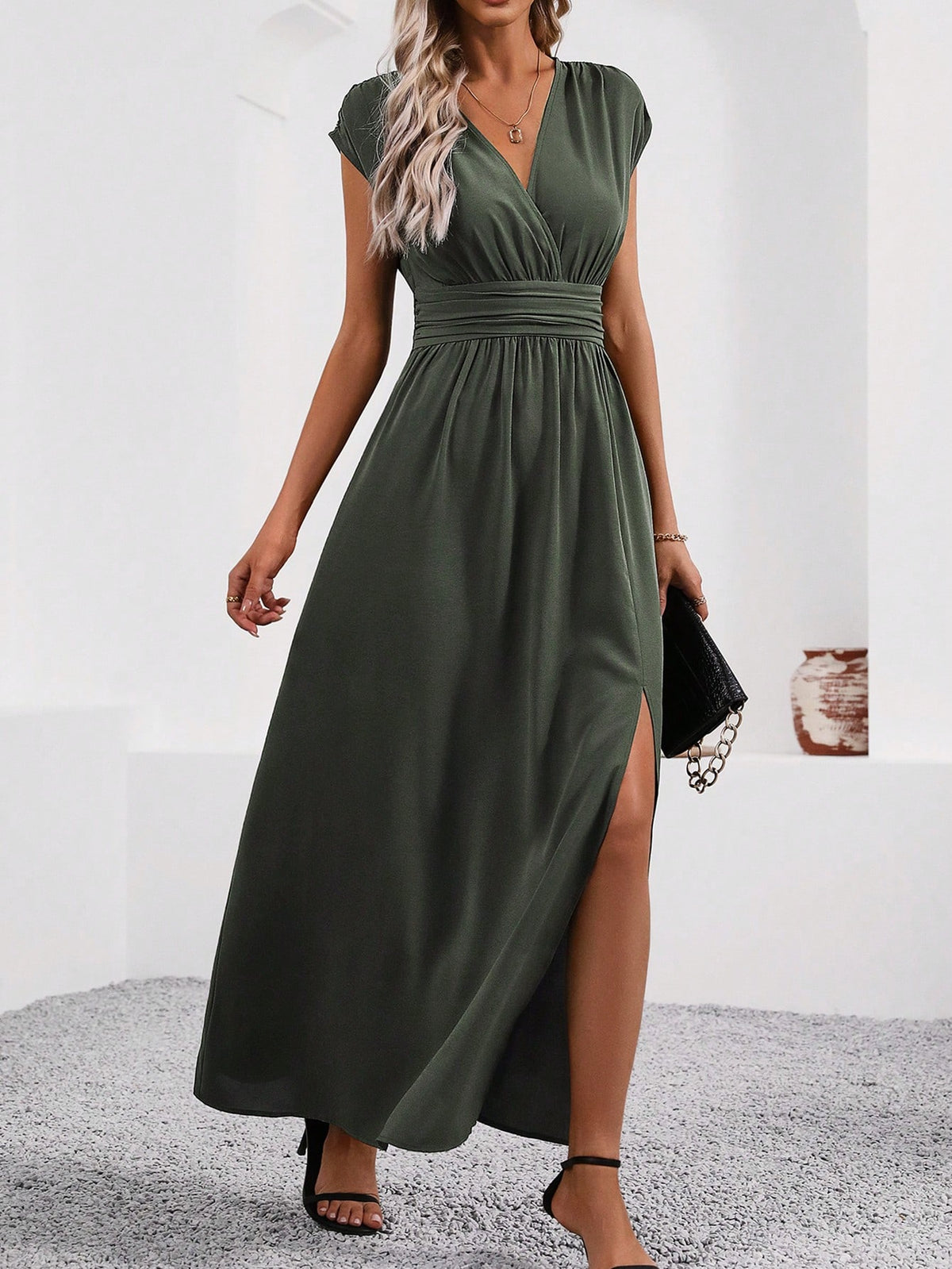 Women's V-Neck Waist Ruched Slit Hem Dress