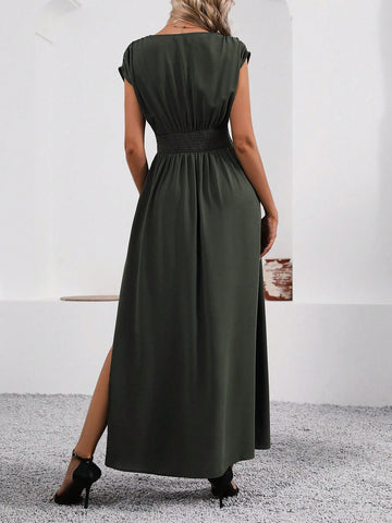 Women's V-Neck Waist Ruched Slit Hem Dress