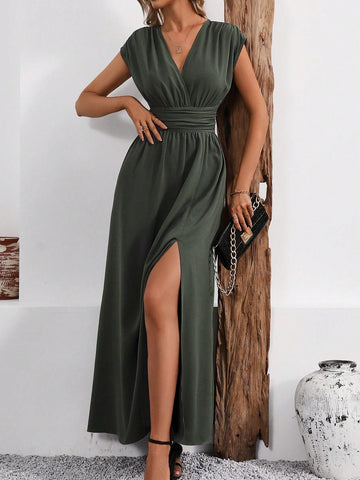 Women's V-Neck Waist Ruched Slit Hem Dress