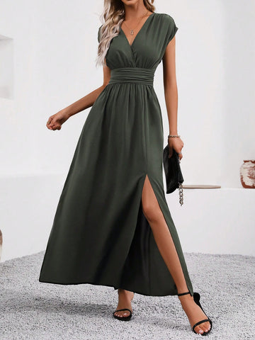 Women's V-Neck Waist Ruched Slit Hem Dress
