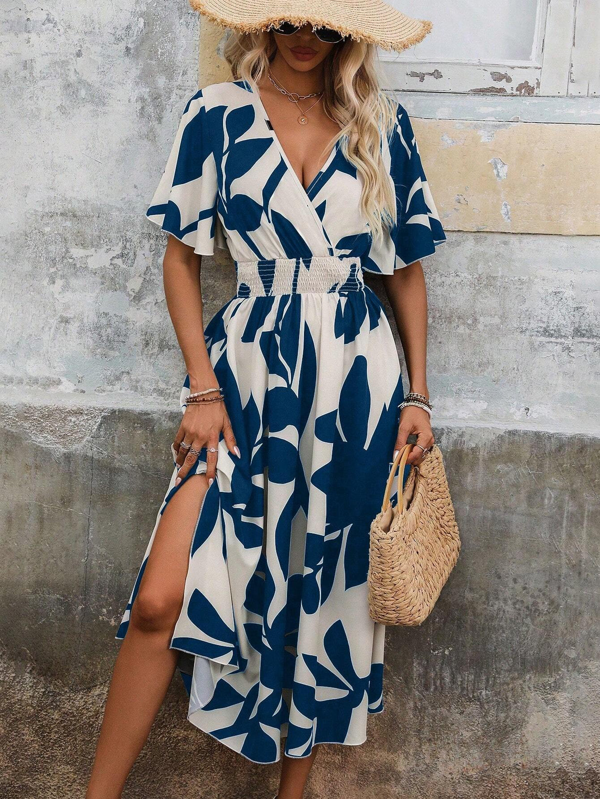 Women's Vacation/Leisure Random Plant Printed Dress With Cinched Waist