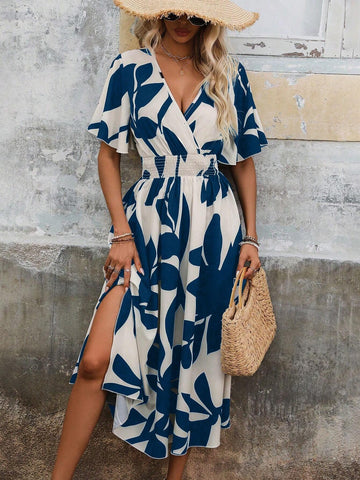 Women's Vacation/Leisure Random Plant Printed Dress With Cinched Waist