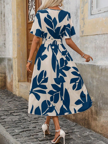 Women's Vacation/Leisure Random Plant Printed Dress With Cinched Waist