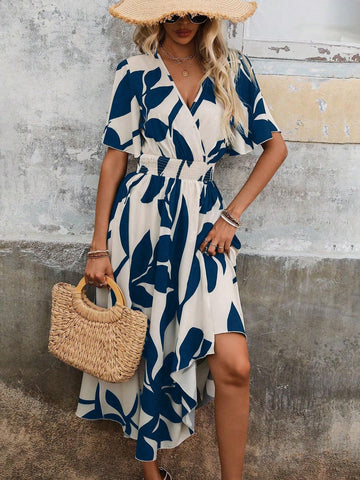 Women's Vacation/Leisure Random Plant Printed Dress With Cinched Waist