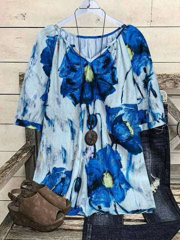 LUNE Women's Vacation Casual Blue Floral Print Notch Neck Blouse