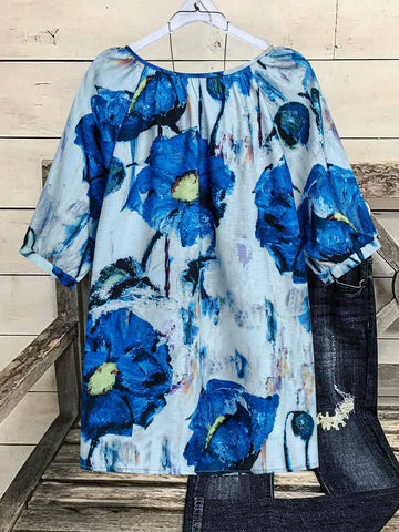 LUNE Women's Vacation Casual Blue Floral Print Notch Neck Blouse