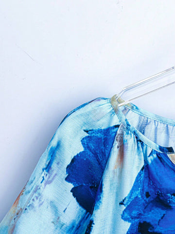 LUNE Women's Vacation Casual Blue Floral Print Notch Neck Blouse