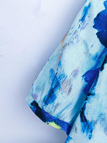 LUNE Women's Vacation Casual Blue Floral Print Notch Neck Blouse