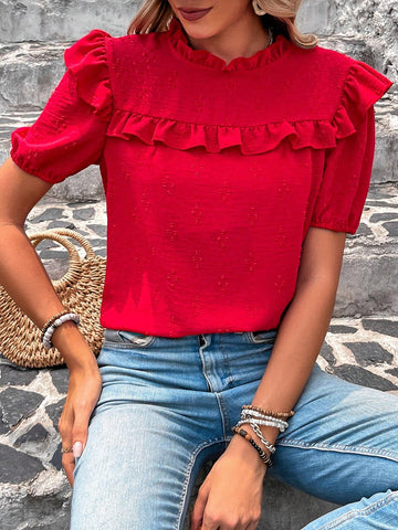 LUNE Women's Vacation Casual Solid Color Ruffle Hem 3D Polka Dot Puff Sleeve Blouse