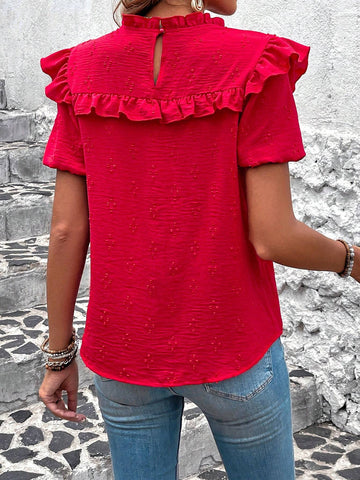 LUNE Women's Vacation Casual Solid Color Ruffle Hem 3D Polka Dot Puff Sleeve Blouse