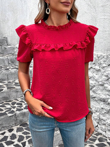 LUNE Women's Vacation Casual Solid Color Ruffle Hem 3D Polka Dot Puff Sleeve Blouse