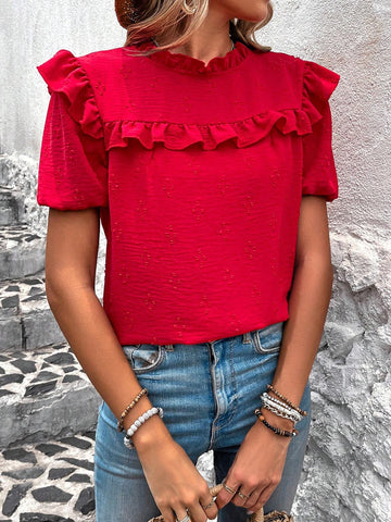 LUNE Women's Vacation Casual Solid Color Ruffle Hem 3D Polka Dot Puff Sleeve Blouse