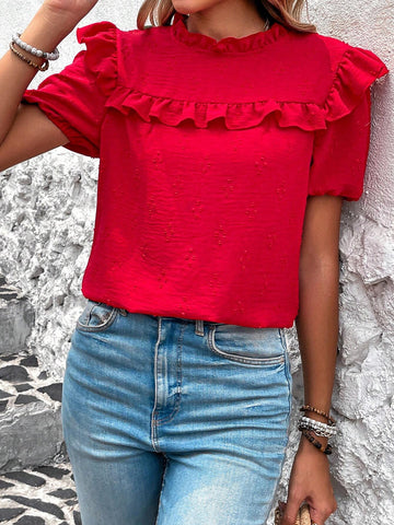 LUNE Women's Vacation Casual Solid Color Ruffle Hem 3D Polka Dot Puff Sleeve Blouse