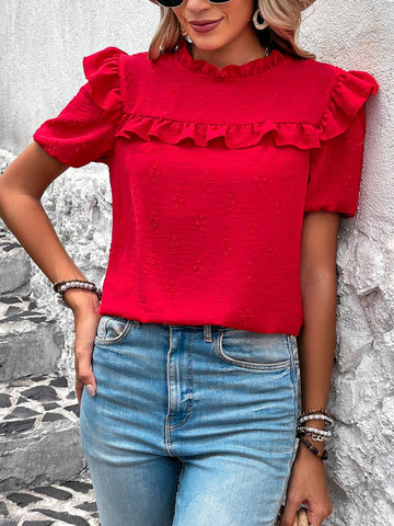 LUNE Women's Vacation Casual Solid Color Ruffle Hem 3D Polka Dot Puff Sleeve Blouse