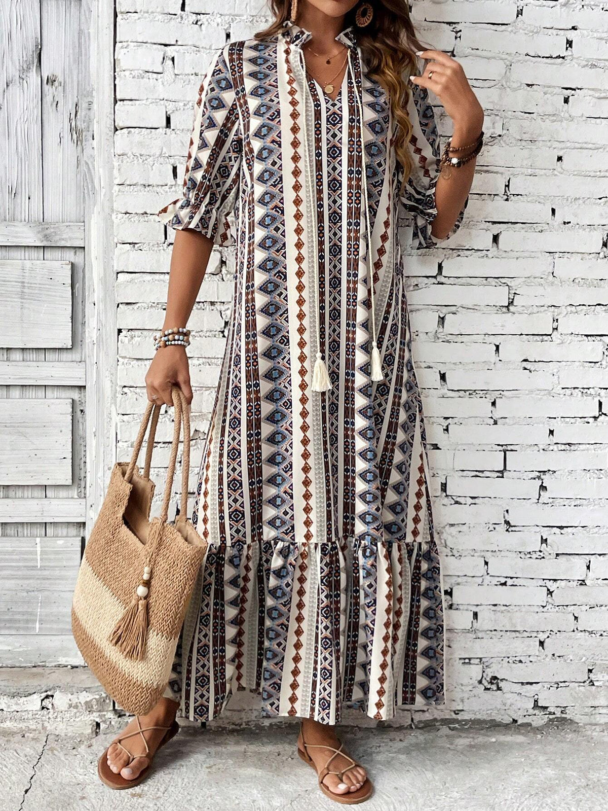 Women's Vacation Geometric Printed Ruffle Hem Dress With Flounce Sleeves